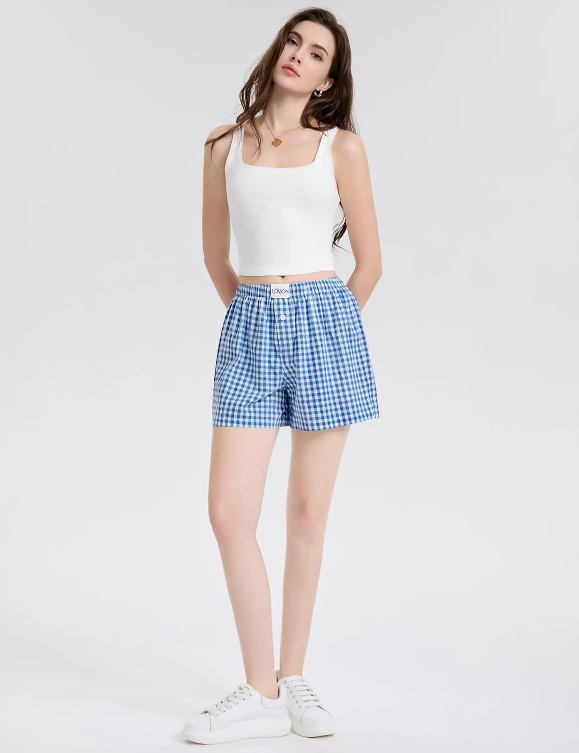 LOMON Womens Boxer Shorts Casual Summer Cotton Pajama Lounge Sleep Pj Gingham Plaid Shorts Y2K Beach Bottoms