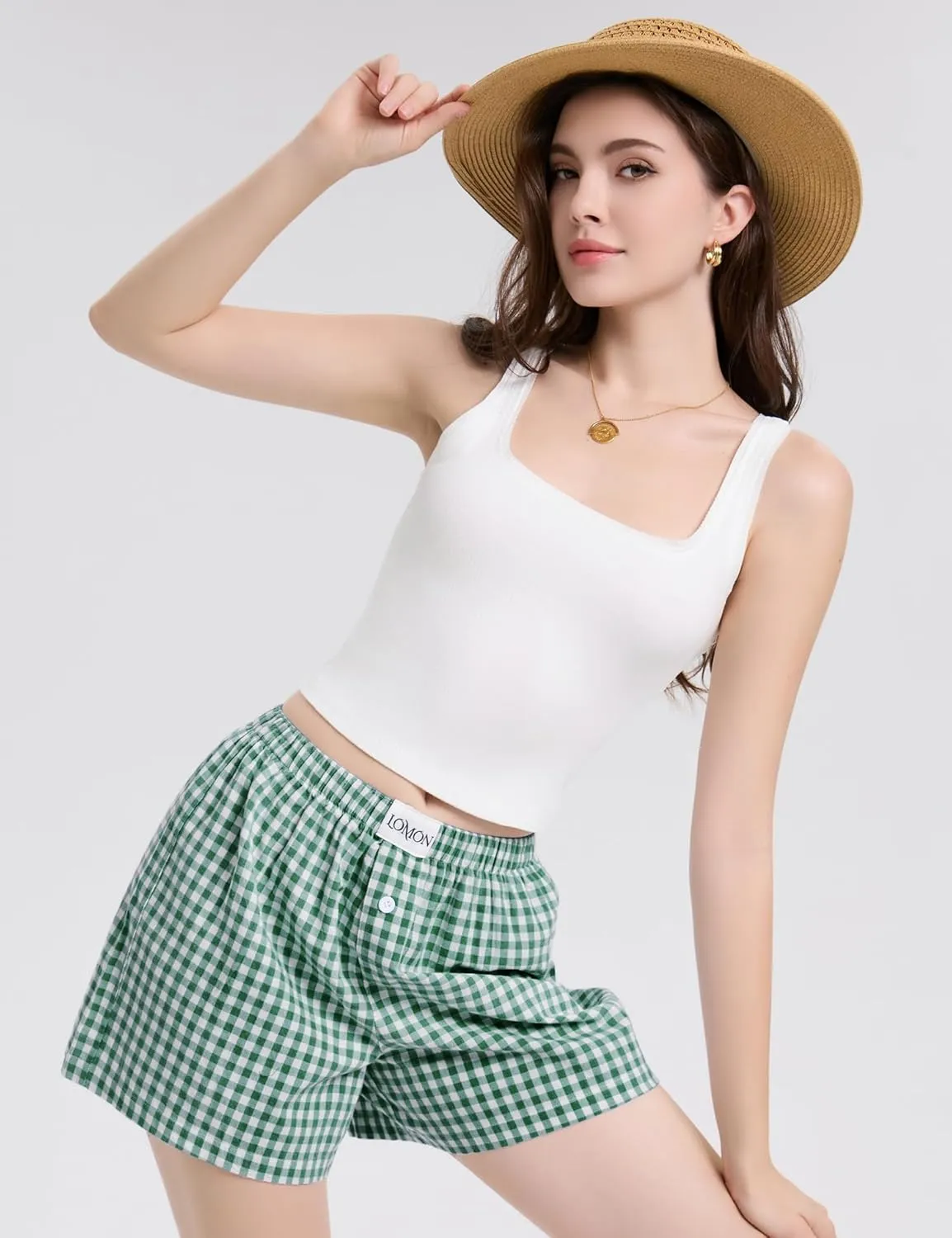 LOMON Womens Boxer Shorts Casual Summer Cotton Pajama Lounge Sleep Pj Gingham Plaid Shorts Y2K Beach Bottoms