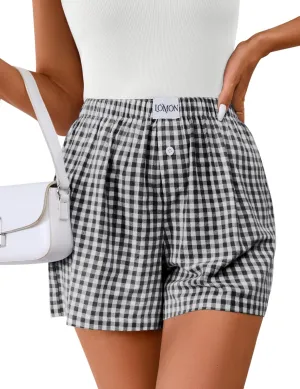 LOMON Womens Boxer Shorts Casual Summer Cotton Pajama Lounge Sleep Pj Gingham Plaid Shorts Y2K Beach Bottoms