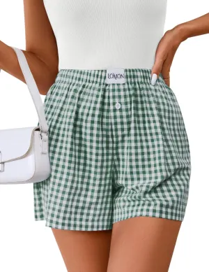 LOMON Womens Boxer Shorts Casual Summer Cotton Pajama Lounge Sleep Pj Gingham Plaid Shorts Y2K Beach Bottoms