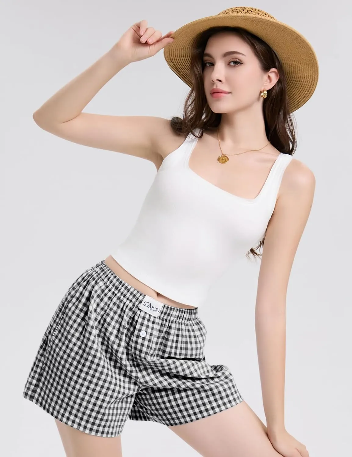 LOMON Womens Boxer Shorts Casual Summer Cotton Pajama Lounge Sleep Pj Gingham Plaid Shorts Y2K Beach Bottoms