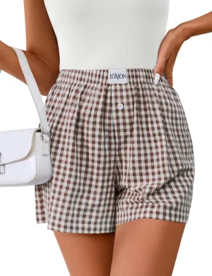 LOMON Womens Boxer Shorts Casual Summer Cotton Pajama Lounge Sleep Pj Gingham Plaid Shorts Y2K Beach Bottoms