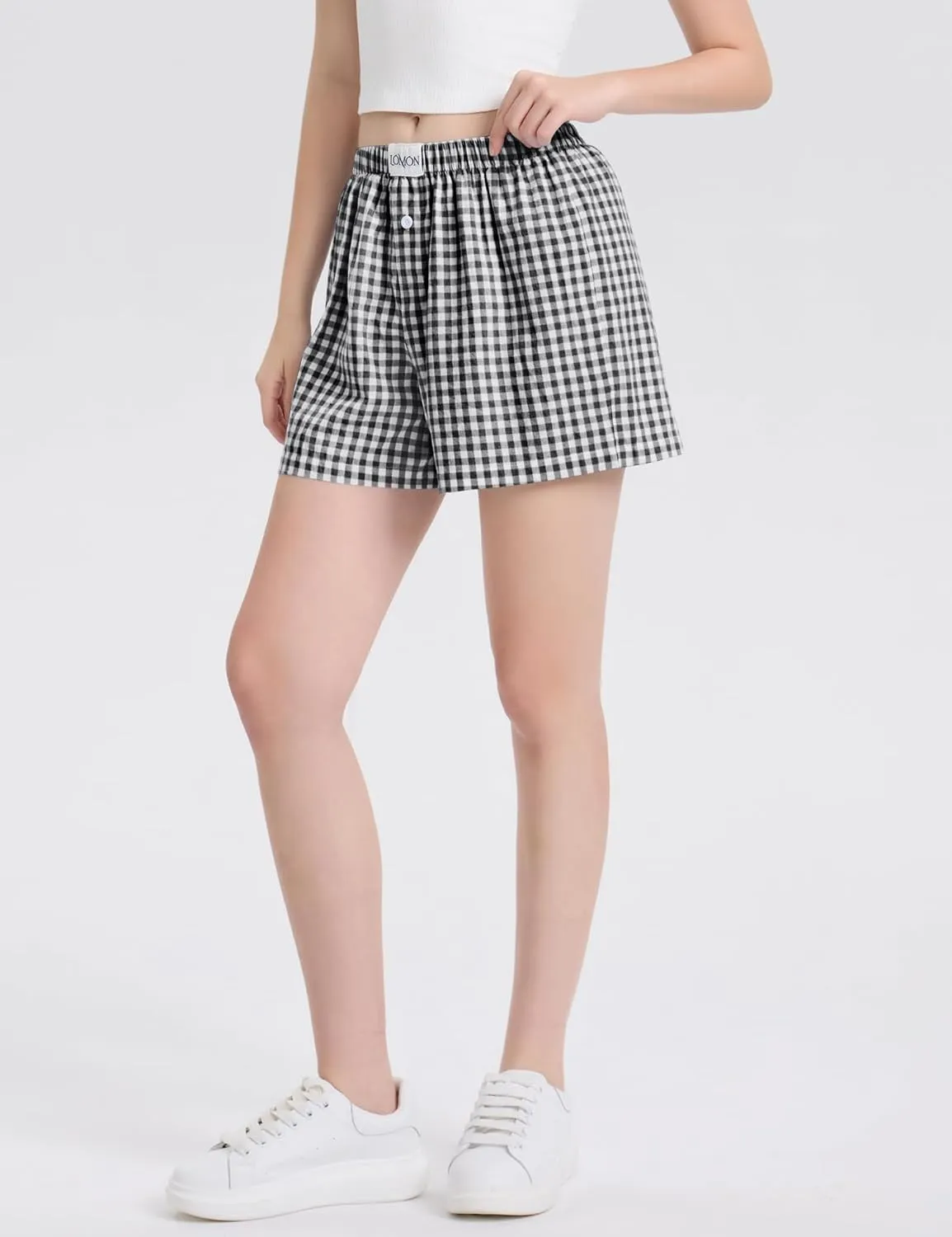 LOMON Womens Boxer Shorts Casual Summer Cotton Pajama Lounge Sleep Pj Gingham Plaid Shorts Y2K Beach Bottoms