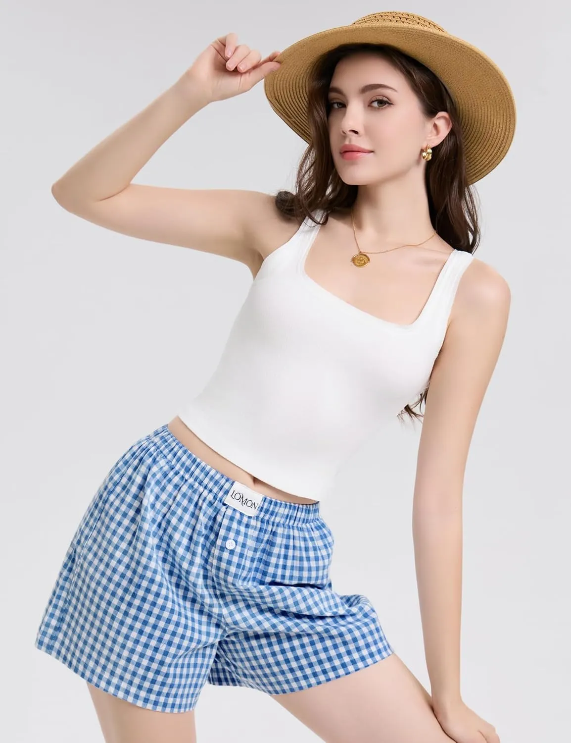 LOMON Womens Boxer Shorts Casual Summer Cotton Pajama Lounge Sleep Pj Gingham Plaid Shorts Y2K Beach Bottoms