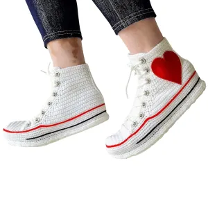 Love Heart Patch Logo Cotton Slippers Sneakers, High Top Crochet Home Booties Socks, Handmade Warm Wool Shoes Valentine's day Anniversary Gift