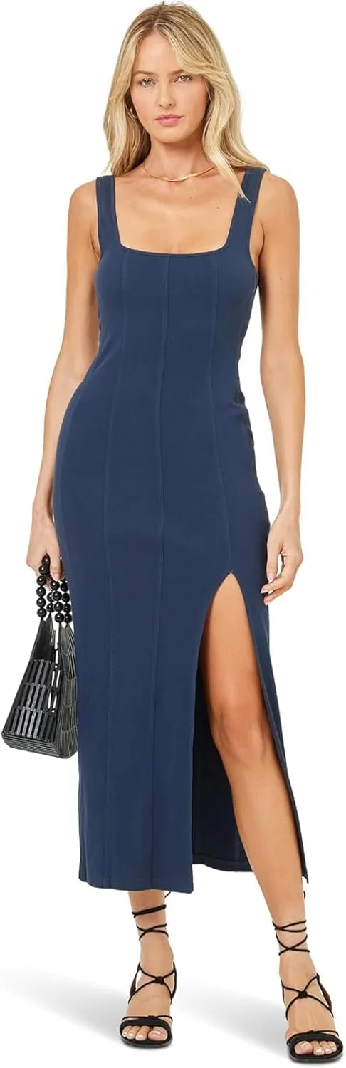 L*Space Vivienne Dress for Women, Fitted Ribbed Midi with Shelf Bra, Scoop Neck, Low Back & Leg Slit, Long Sleeveless Dress