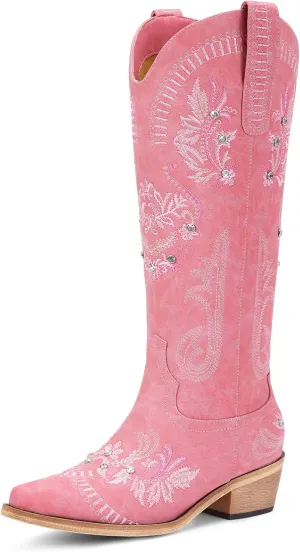 Lumeheel Cowboy Boots for Women - Knee High Western Cowgirl Boots, Sparkly Rhinestone Retro Country Boots with Classic Embroidered, Pointed Toe Chunky Heel Pull on Zipper Fashion Vintage Tall Boots