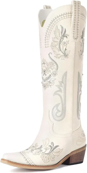 Lumeheel Cowboy Boots for Women - Knee High Western Cowgirl Boots, Sparkly Rhinestone Retro Country Boots with Classic Embroidered, Pointed Toe Chunky Heel Pull on Zipper Fashion Vintage Tall Boots