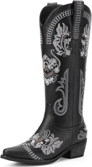 Lumeheel Cowboy Boots for Women - Knee High Western Cowgirl Boots, Sparkly Rhinestone Retro Country Boots with Classic Embroidered, Pointed Toe Chunky Heel Pull on Zipper Fashion Vintage Tall Boots