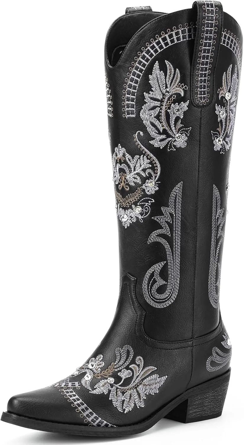 Lumeheel Cowboy Boots for Women - Knee High Western Cowgirl Boots, Sparkly Rhinestone Retro Country Boots with Classic Embroidered, Pointed Toe Chunky Heel Pull on Zipper Fashion Vintage Tall Boots