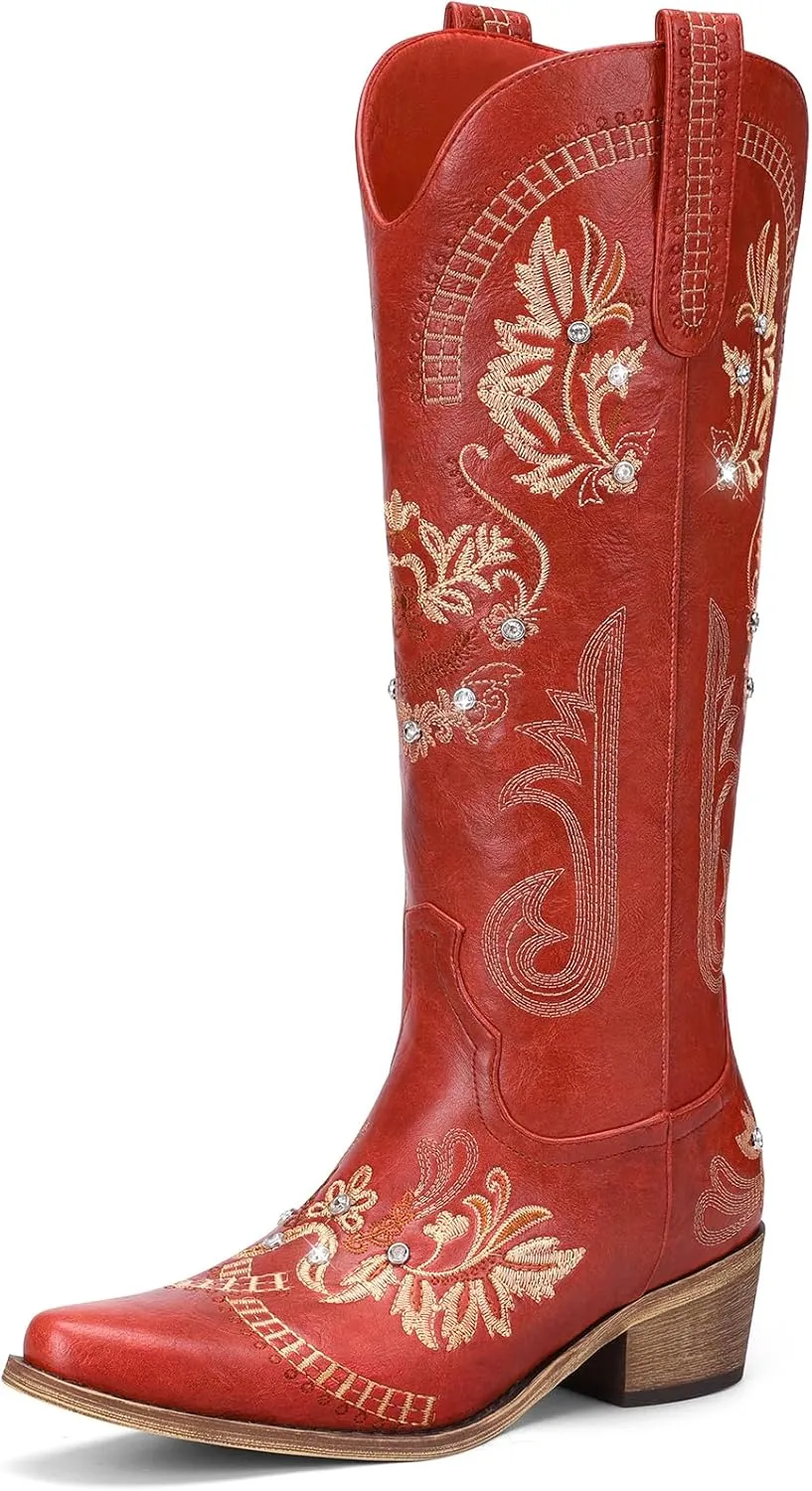 Lumeheel Cowboy Boots for Women - Knee High Western Cowgirl Boots, Sparkly Rhinestone Retro Country Boots with Classic Embroidered, Pointed Toe Chunky Heel Pull on Zipper Fashion Vintage Tall Boots