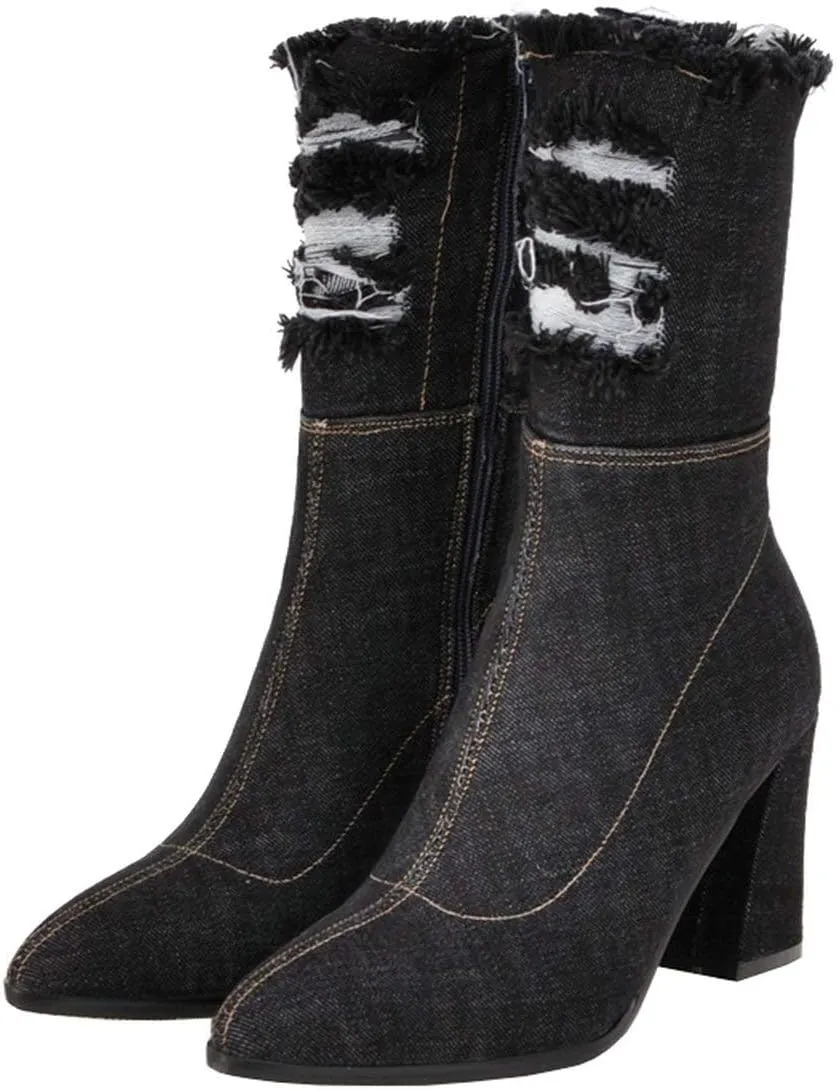 MAVMAX Denim Ankle Boots for Women Pointed Toe Chunky High Heel Jeans Denim Blue Short Mid Calf Booties with Side Zipper