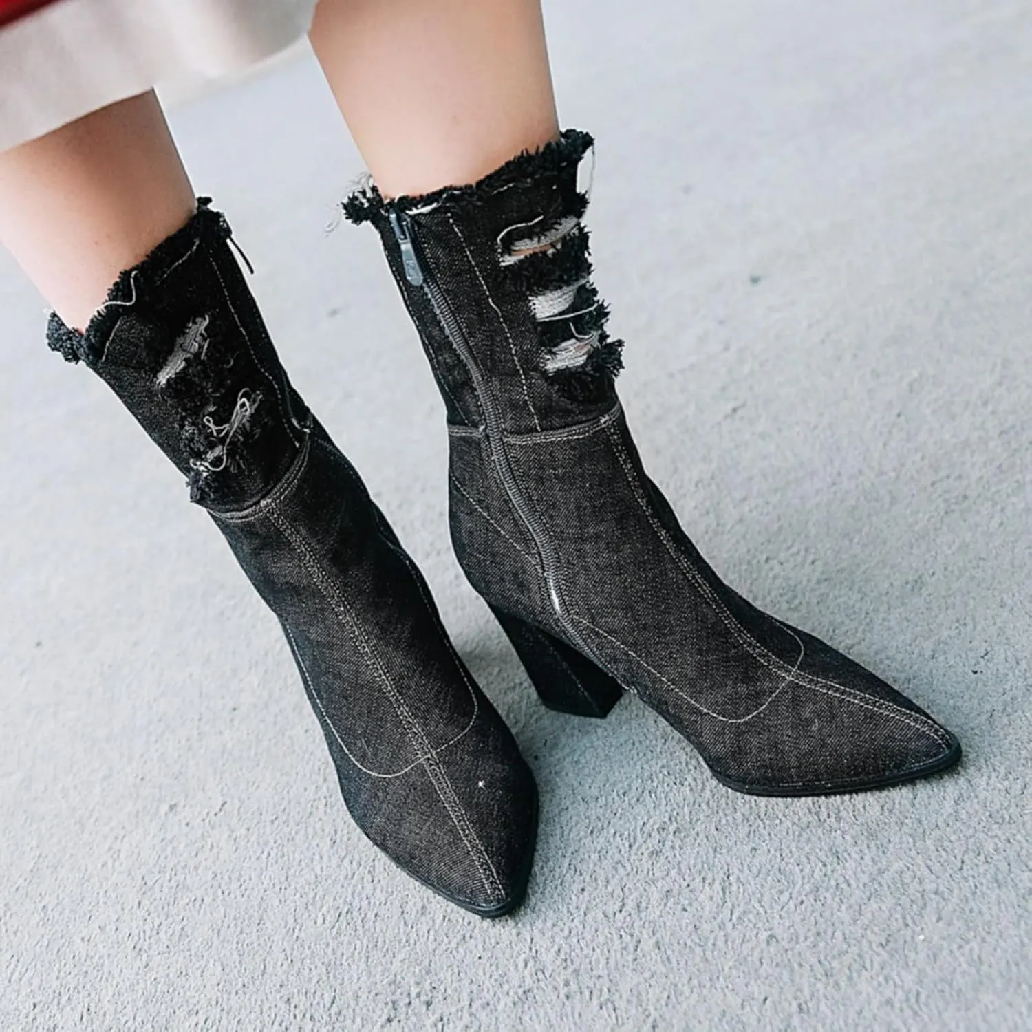 MAVMAX Denim Ankle Boots for Women Pointed Toe Chunky High Heel Jeans Denim Blue Short Mid Calf Booties with Side Zipper