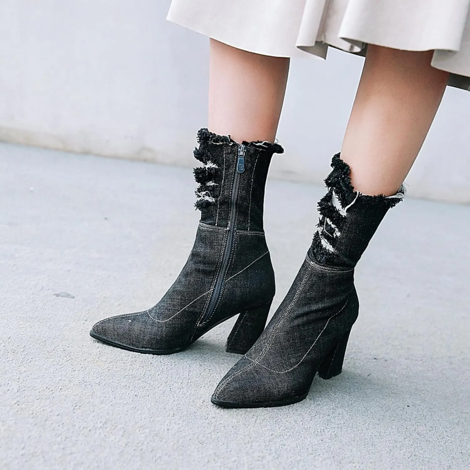 MAVMAX Denim Ankle Boots for Women Pointed Toe Chunky High Heel Jeans Denim Blue Short Mid Calf Booties with Side Zipper
