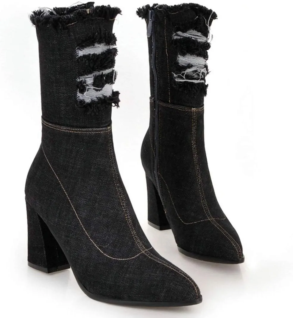MAVMAX Denim Ankle Boots for Women Pointed Toe Chunky High Heel Jeans Denim Blue Short Mid Calf Booties with Side Zipper