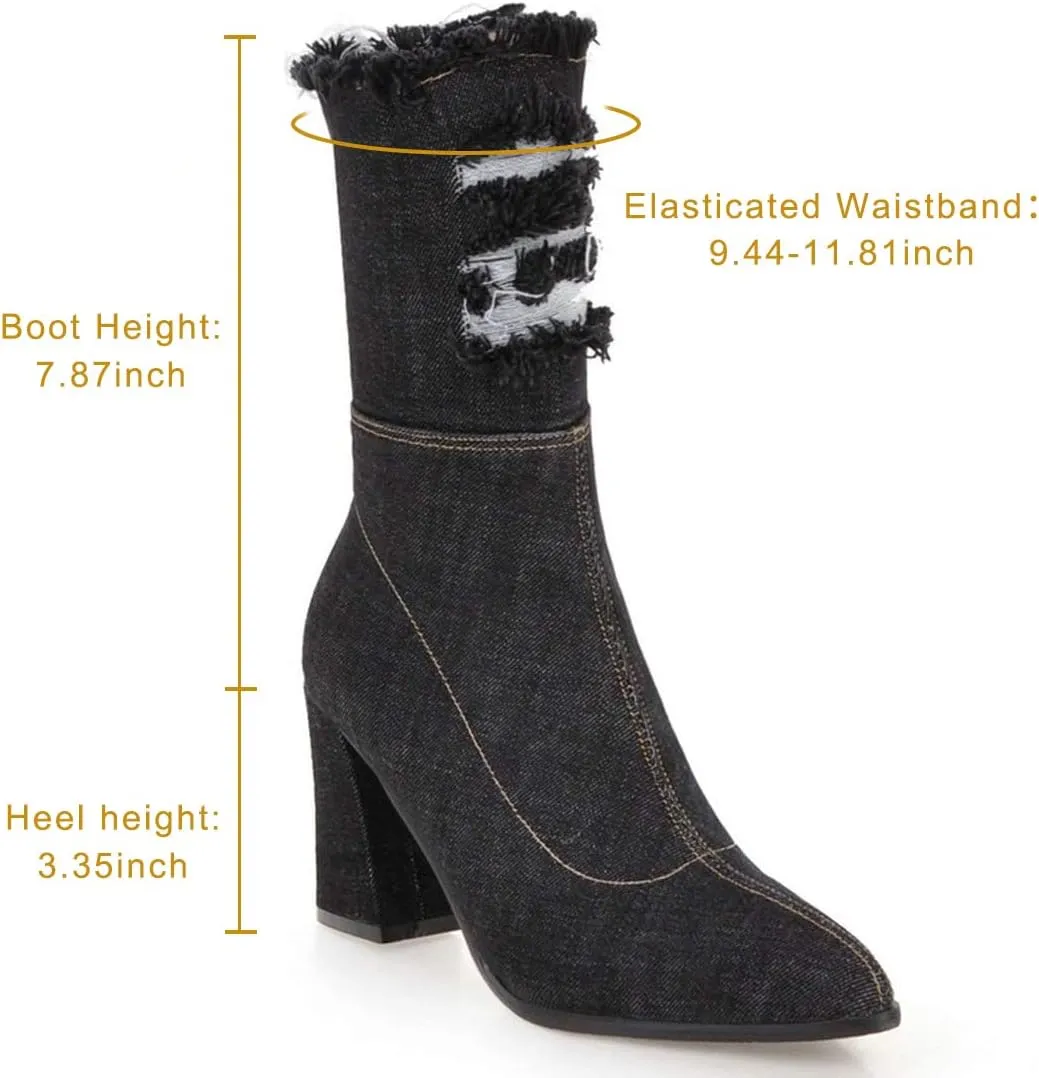MAVMAX Denim Ankle Boots for Women Pointed Toe Chunky High Heel Jeans Denim Blue Short Mid Calf Booties with Side Zipper