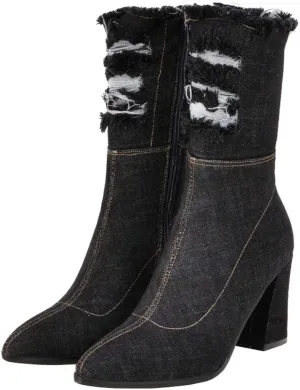 MAVMAX Denim Ankle Boots for Women Pointed Toe Chunky High Heel Jeans Denim Blue Short Mid Calf Booties with Side Zipper