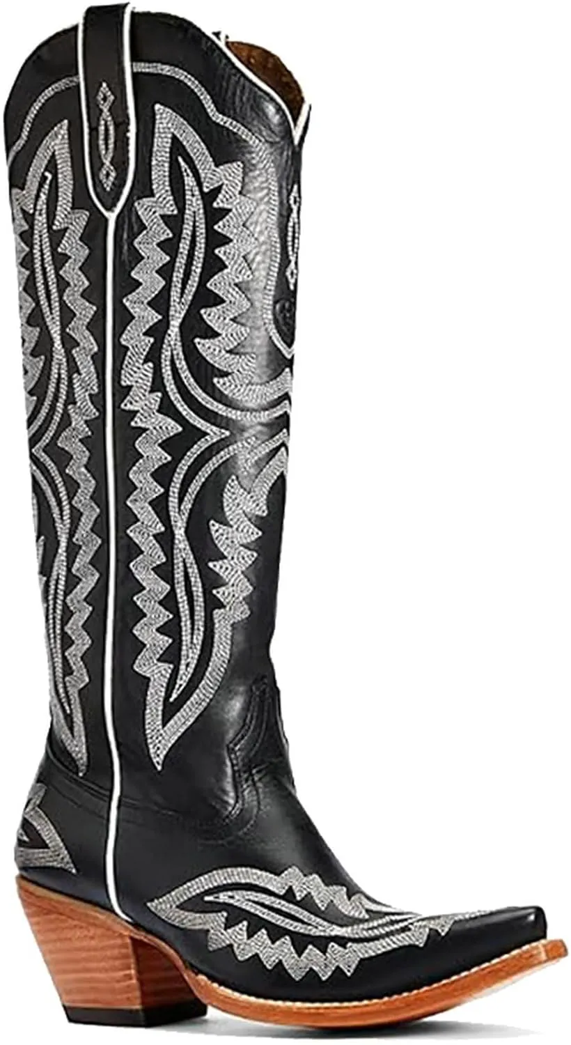 Meefit Cowboy Boots for Women Knee High Cowgirl Boots Pointed Toe Chunky Heel Western Retro Country Boots,Vintage Tall Boots