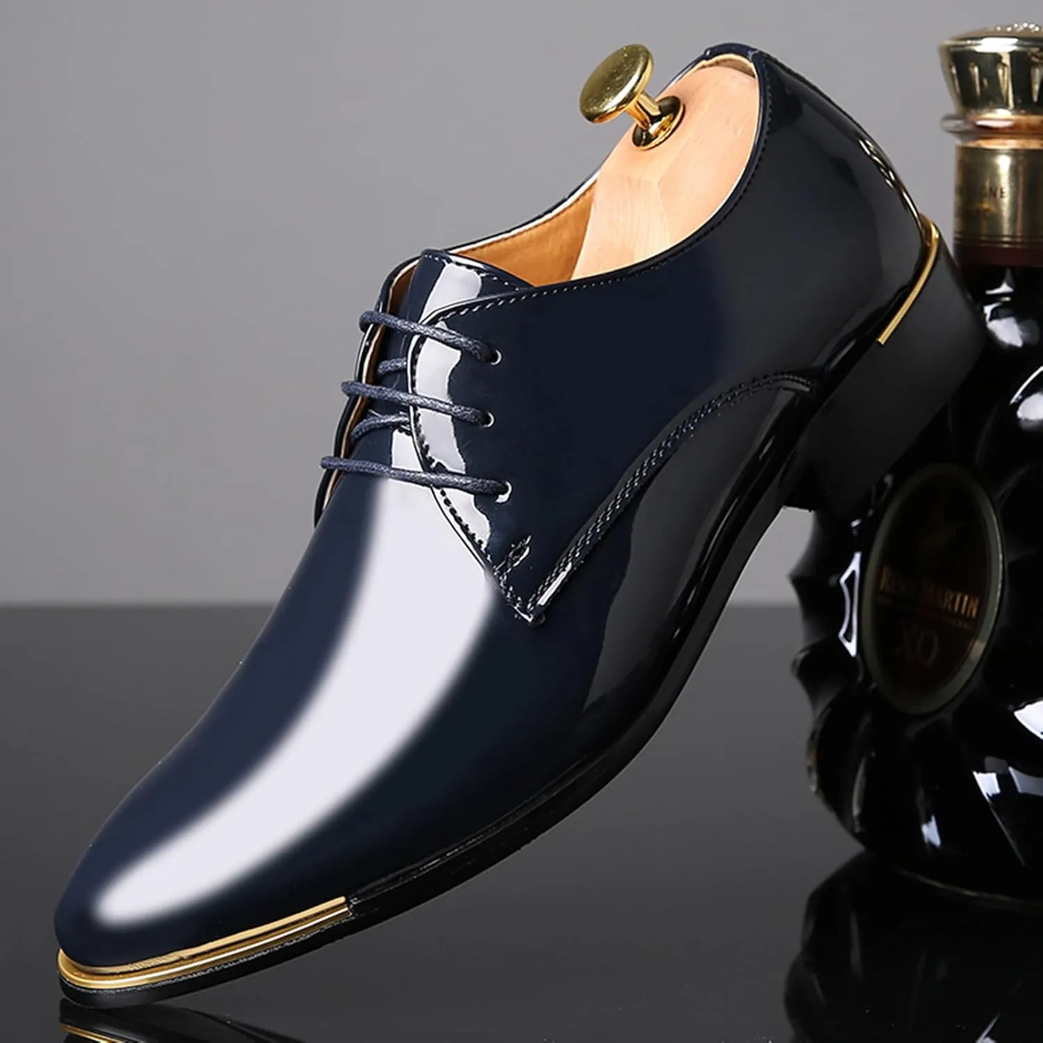 Men Dress Shoes Fashion Wedding Tuxedo Oxford Shoes Classic Pointed-Toe Lace-up Patent Leather Formal Shoes for Men