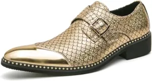 Men Leather Monk Strap Slip On Pointed Toe Dress Loafers Fashion Color Matching Metal Cap Toe Formal Business Casual Party Dancing Oxford Shoes