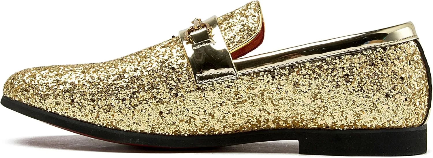 Men Loafer Metallic Textured Slip-on Glitter Sequins Fashion Wedding Dress Shoes Golden