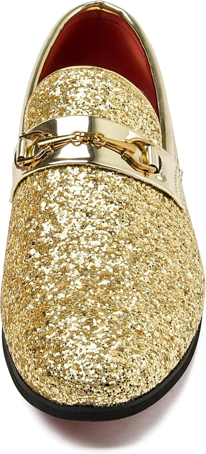 Men Loafer Metallic Textured Slip-on Glitter Sequins Fashion Wedding Dress Shoes Golden
