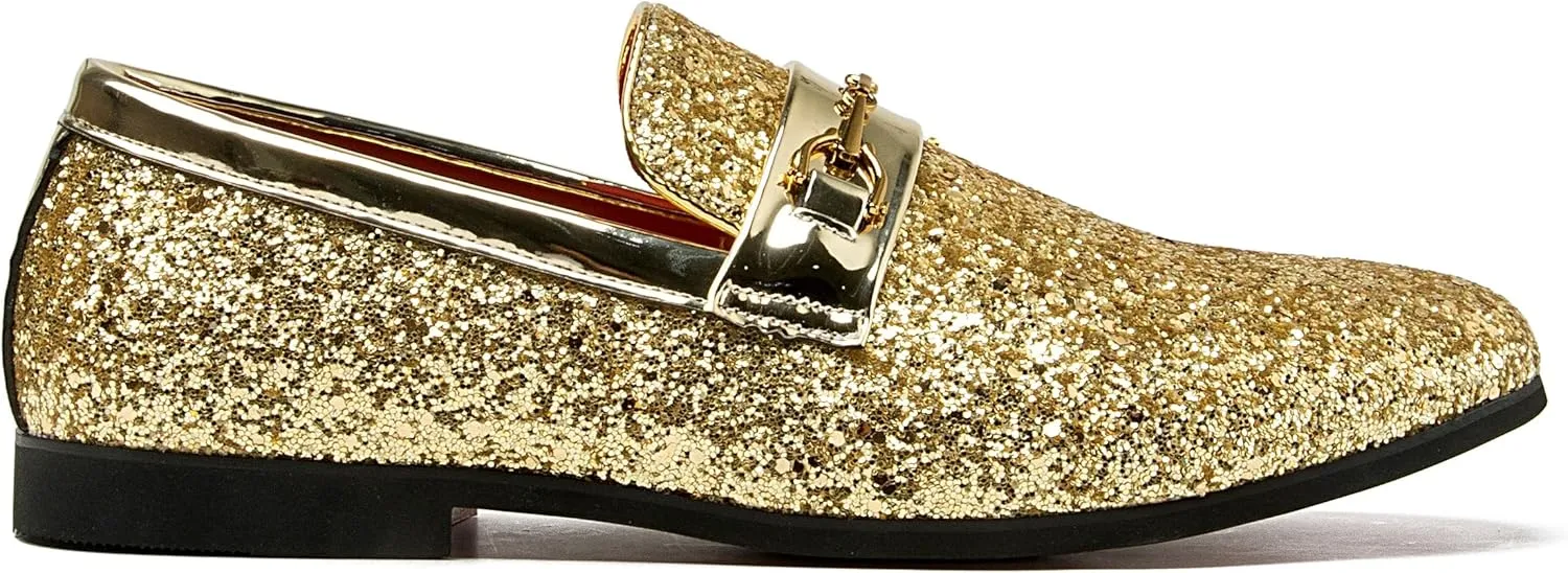 Men Loafer Metallic Textured Slip-on Glitter Sequins Fashion Wedding Dress Shoes Golden