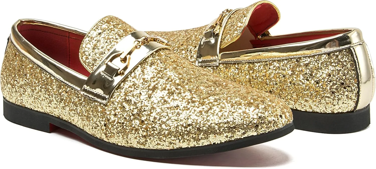 Men Loafer Metallic Textured Slip-on Glitter Sequins Fashion Wedding Dress Shoes Golden