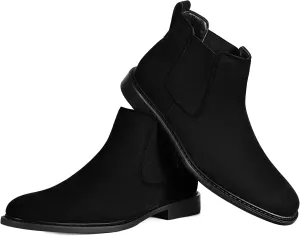 Mens Black Chelsea Boots - Classic PU Slip On Dress Boots with Side Elastic Panels - Comfort Low Heel Ankle Boots - Black 8.5