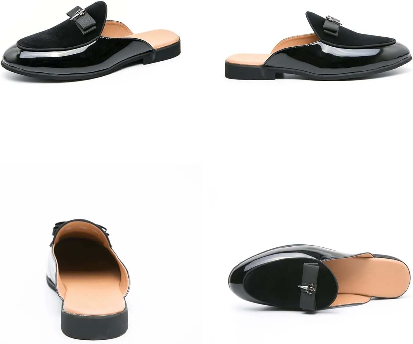 Men's Bowtie Patent Leather Slip-On Mules Slippers,Flats Stylish Formal Backless Loafers Work Slides Casual Half Loafers Sandals