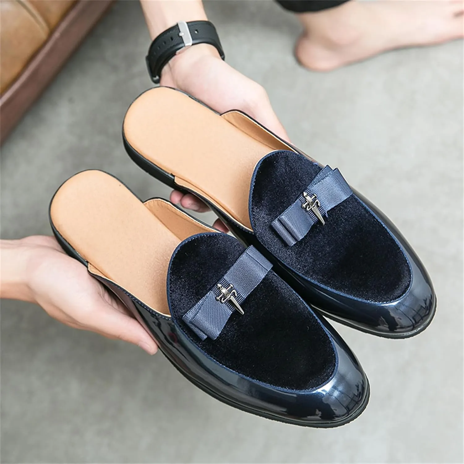 Men's Bowtie Patent Leather Slip-On Mules Slippers,Flats Stylish Formal Backless Loafers Work Slides Casual Half Loafers Sandals