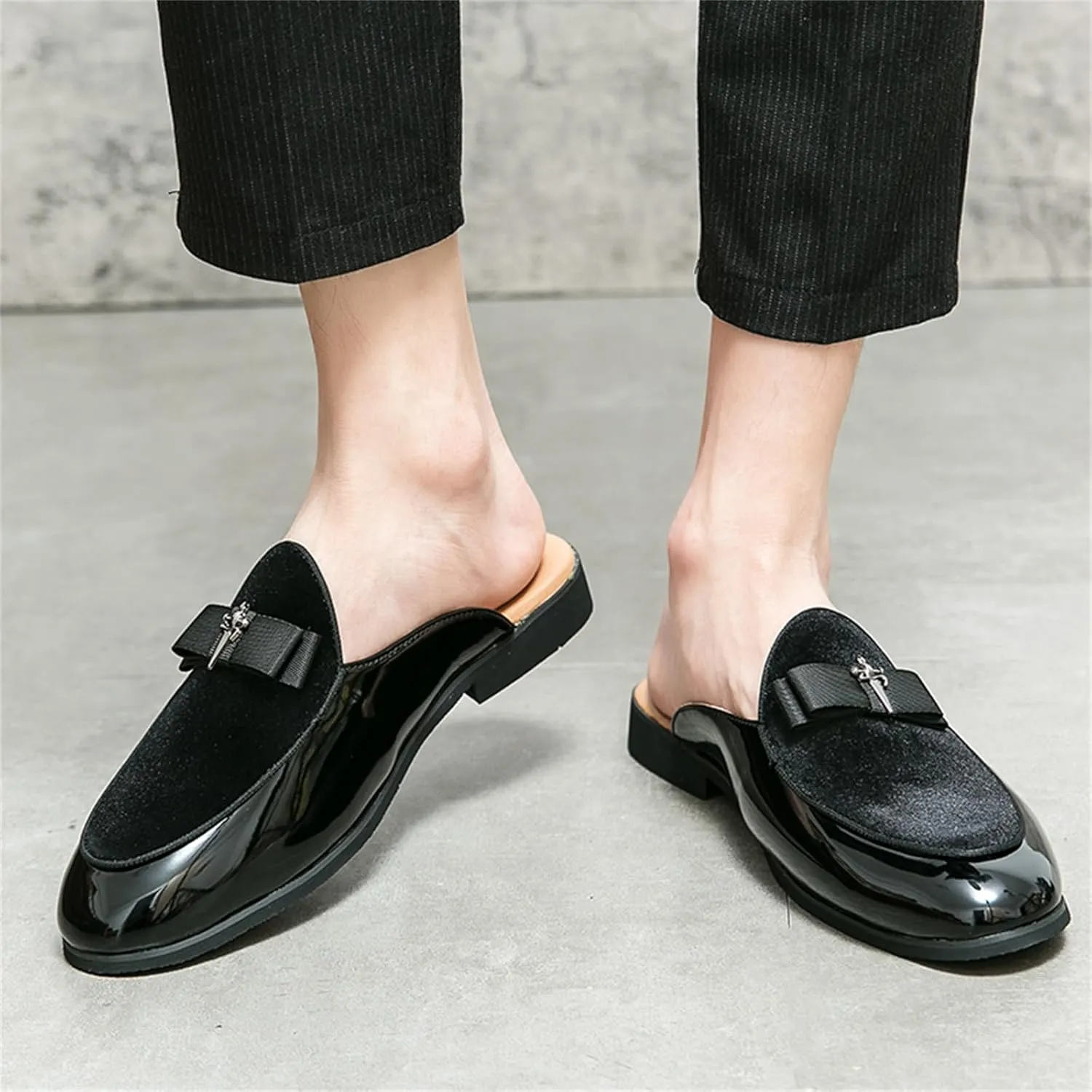 Men's Bowtie Patent Leather Slip-On Mules Slippers,Flats Stylish Formal Backless Loafers Work Slides Casual Half Loafers Sandals