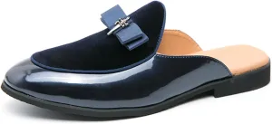 Men's Bowtie Patent Leather Slip-On Mules Slippers,Flats Stylish Formal Backless Loafers Work Slides Casual Half Loafers Sandals