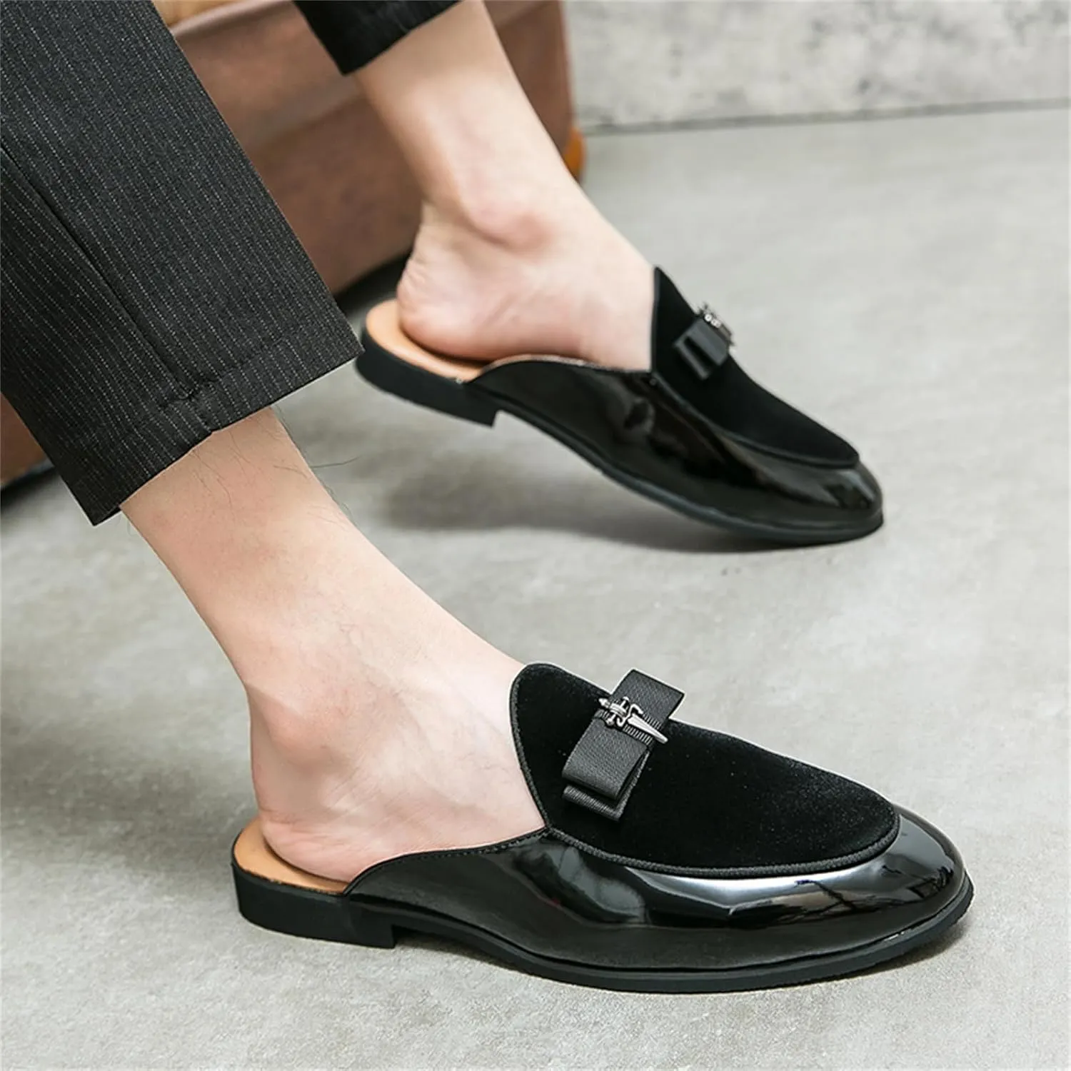 Men's Bowtie Patent Leather Slip-On Mules Slippers,Flats Stylish Formal Backless Loafers Work Slides Casual Half Loafers Sandals