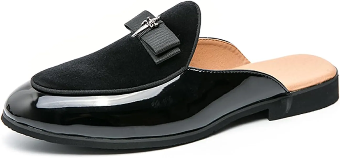 Men's Bowtie Patent Leather Slip-On Mules Slippers,Flats Stylish Formal Backless Loafers Work Slides Casual Half Loafers Sandals
