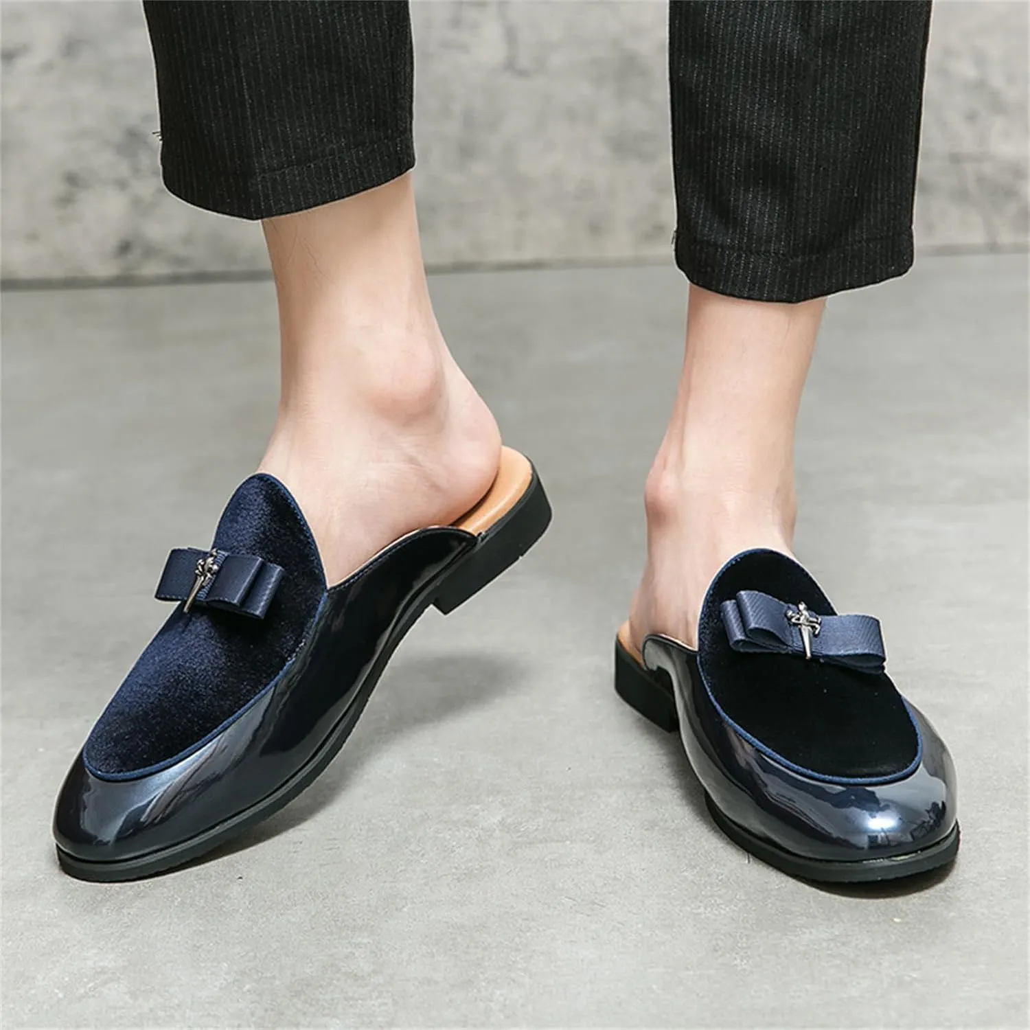 Men's Bowtie Patent Leather Slip-On Mules Slippers,Flats Stylish Formal Backless Loafers Work Slides Casual Half Loafers Sandals