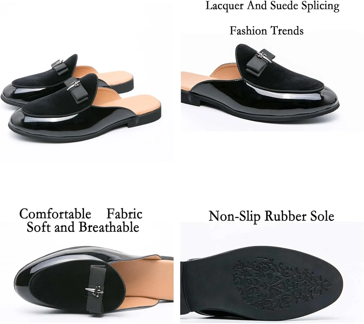 Men's Bowtie Patent Leather Slip-On Mules Slippers,Flats Stylish Formal Backless Loafers Work Slides Casual Half Loafers Sandals