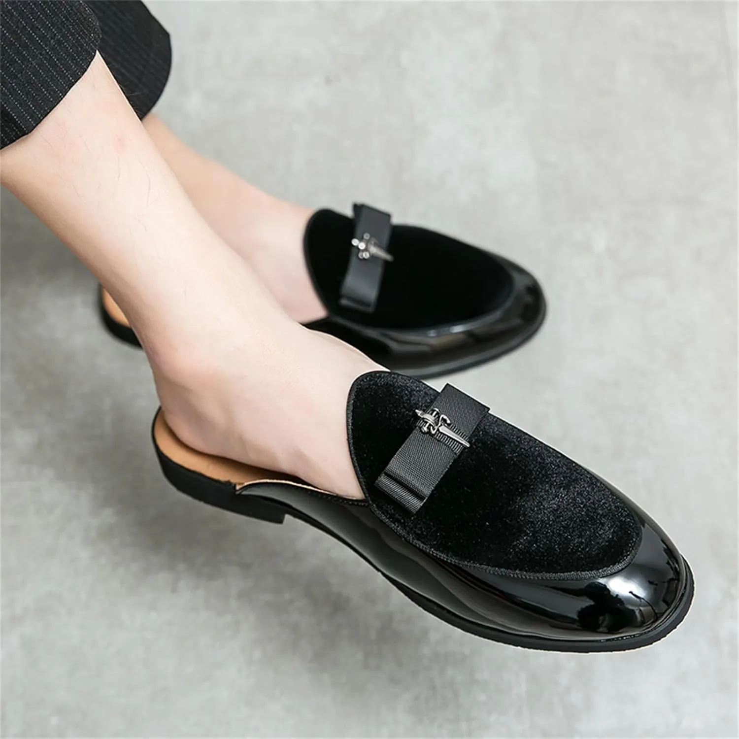 Men's Bowtie Patent Leather Slip-On Mules Slippers,Flats Stylish Formal Backless Loafers Work Slides Casual Half Loafers Sandals