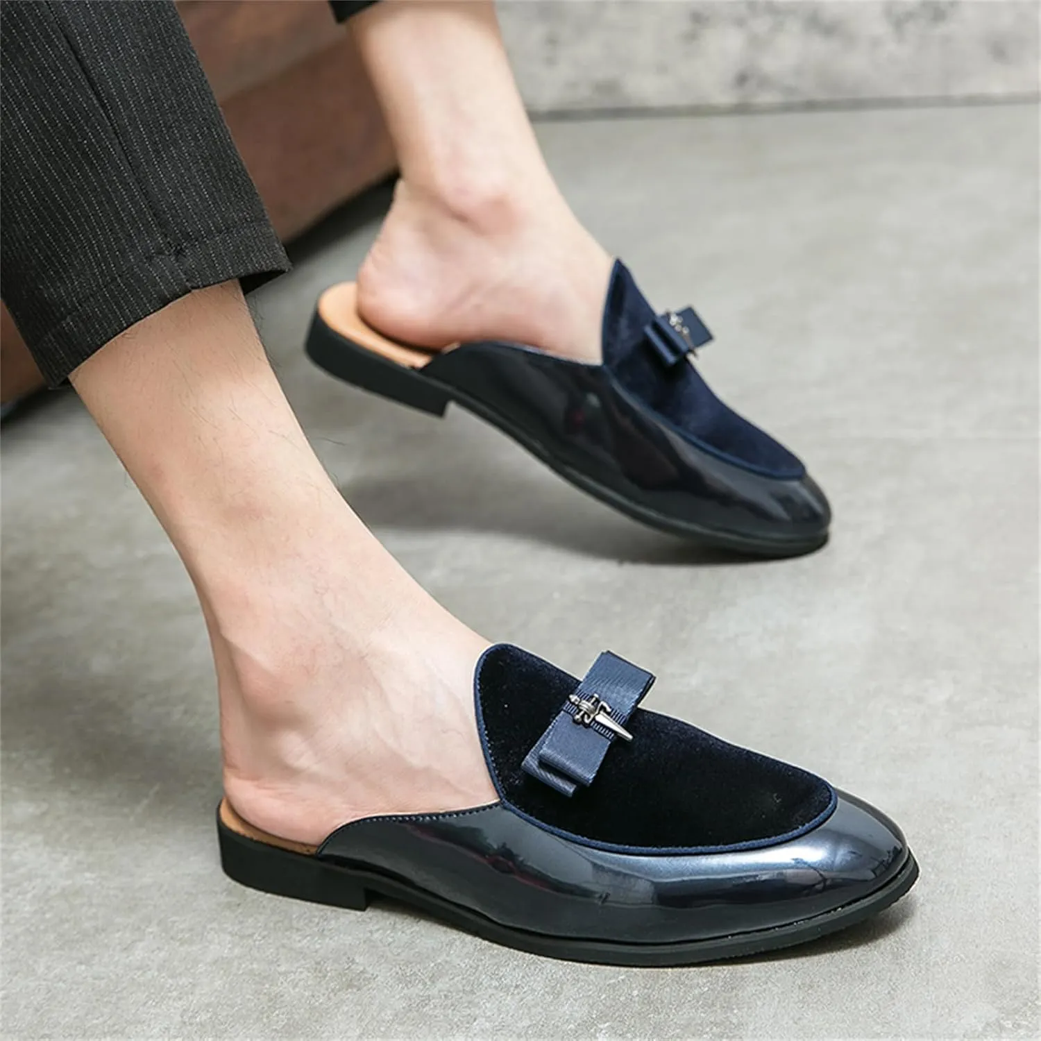 Men's Bowtie Patent Leather Slip-On Mules Slippers,Flats Stylish Formal Backless Loafers Work Slides Casual Half Loafers Sandals