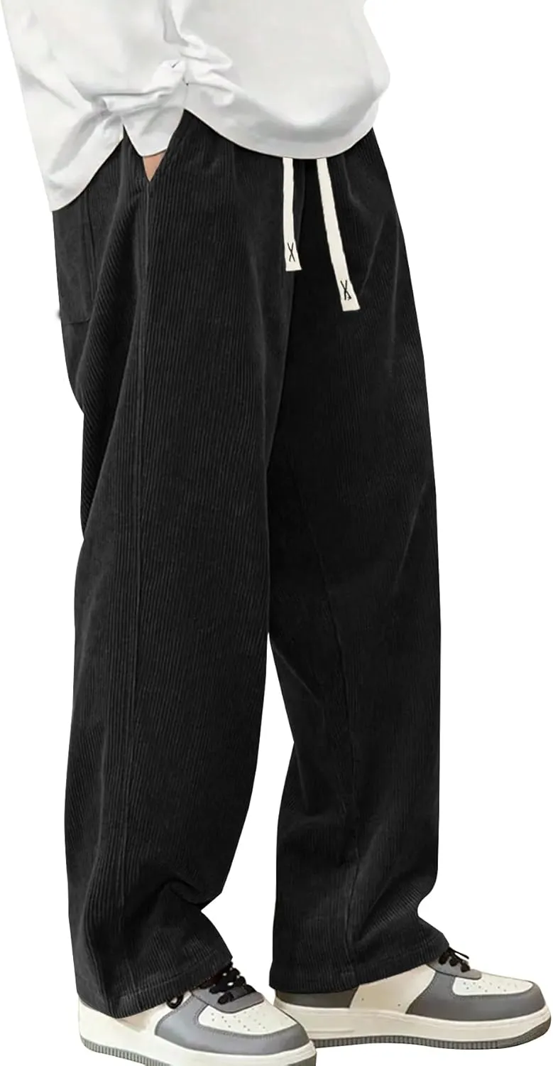 Mens Corduroy Casual Pants Fashion Loose Fit Wide Leg Pants Straight Sweatpants Elastic Waist Drawstring