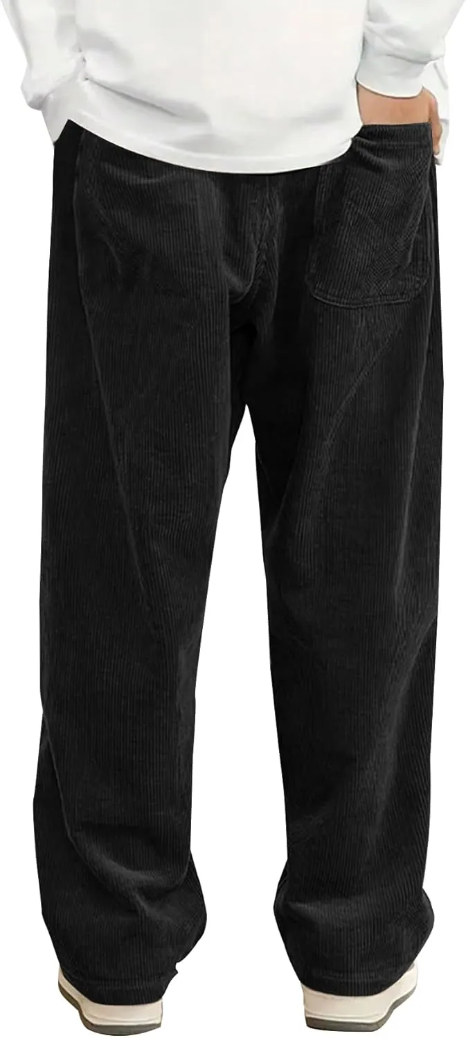 Mens Corduroy Casual Pants Fashion Loose Fit Wide Leg Pants Straight Sweatpants Elastic Waist Drawstring