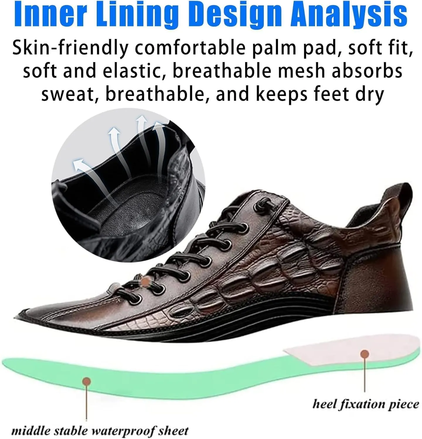 Men's Crocodile Pattern Leather Sneakers Slip-on Casual Cushion Pattern Sneakers Height Lifting Comfortable Shoes Sneakers