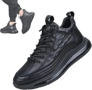 Men's Crocodile Print Leather Sneakers Casual Air Elastic Waterproof Height Lifting Comfortable Shoes High Top Sneakers (Black,8.5)