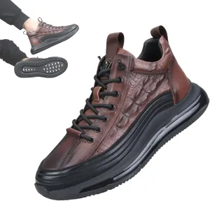 Men's Crocodile Print Leather Sneakers Casual Air Elastic Waterproof Height Lifting Comfortable Shoes High Top Sneakers (Brown,8)