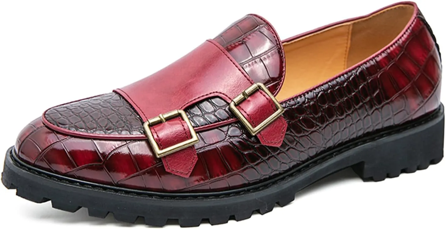 Men's Dress Loafers Double Monk Strap Leather Slip On Loafers Burgundy Crocodile Pattern with Lug Sole Business Formal Casual Dress Shoes