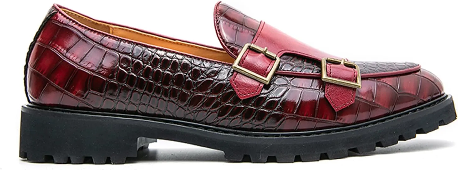 Men's Dress Loafers Double Monk Strap Leather Slip On Loafers Burgundy Crocodile Pattern with Lug Sole Business Formal Casual Dress Shoes