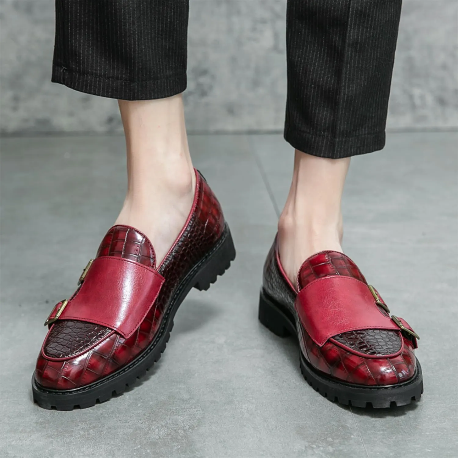 Men's Dress Loafers Double Monk Strap Leather Slip On Loafers Burgundy Crocodile Pattern with Lug Sole Business Formal Casual Dress Shoes