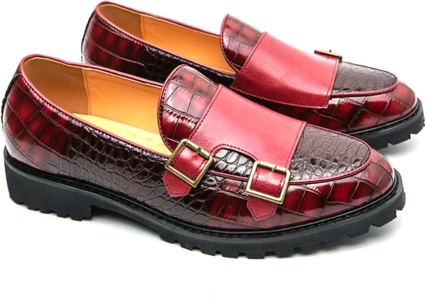 Men's Dress Loafers Double Monk Strap Leather Slip On Loafers Burgundy Crocodile Pattern with Lug Sole Business Formal Casual Dress Shoes