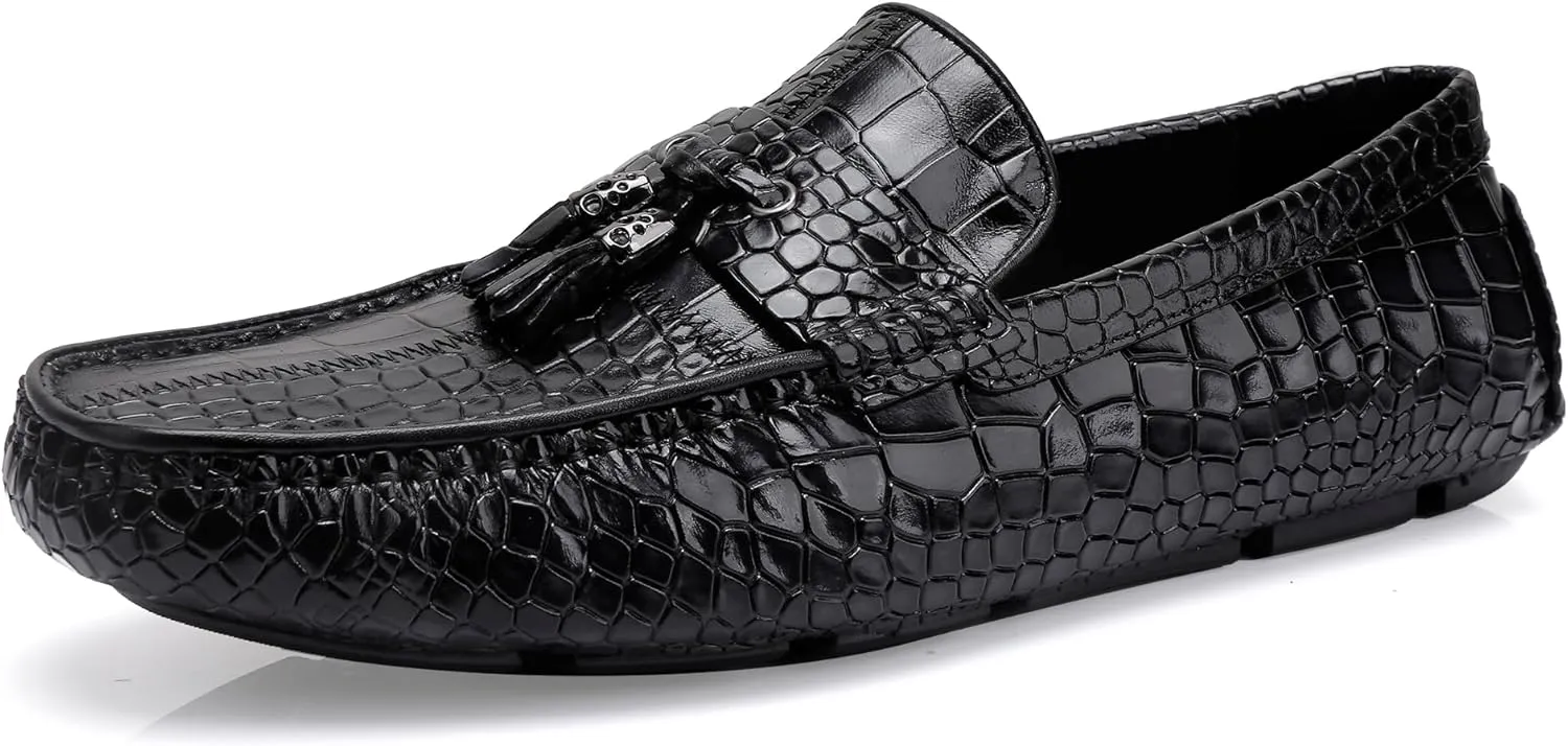Men's Dress Shoes with Tassel, Classic Leather Crocodile Pattern Driving Shoes for Men
