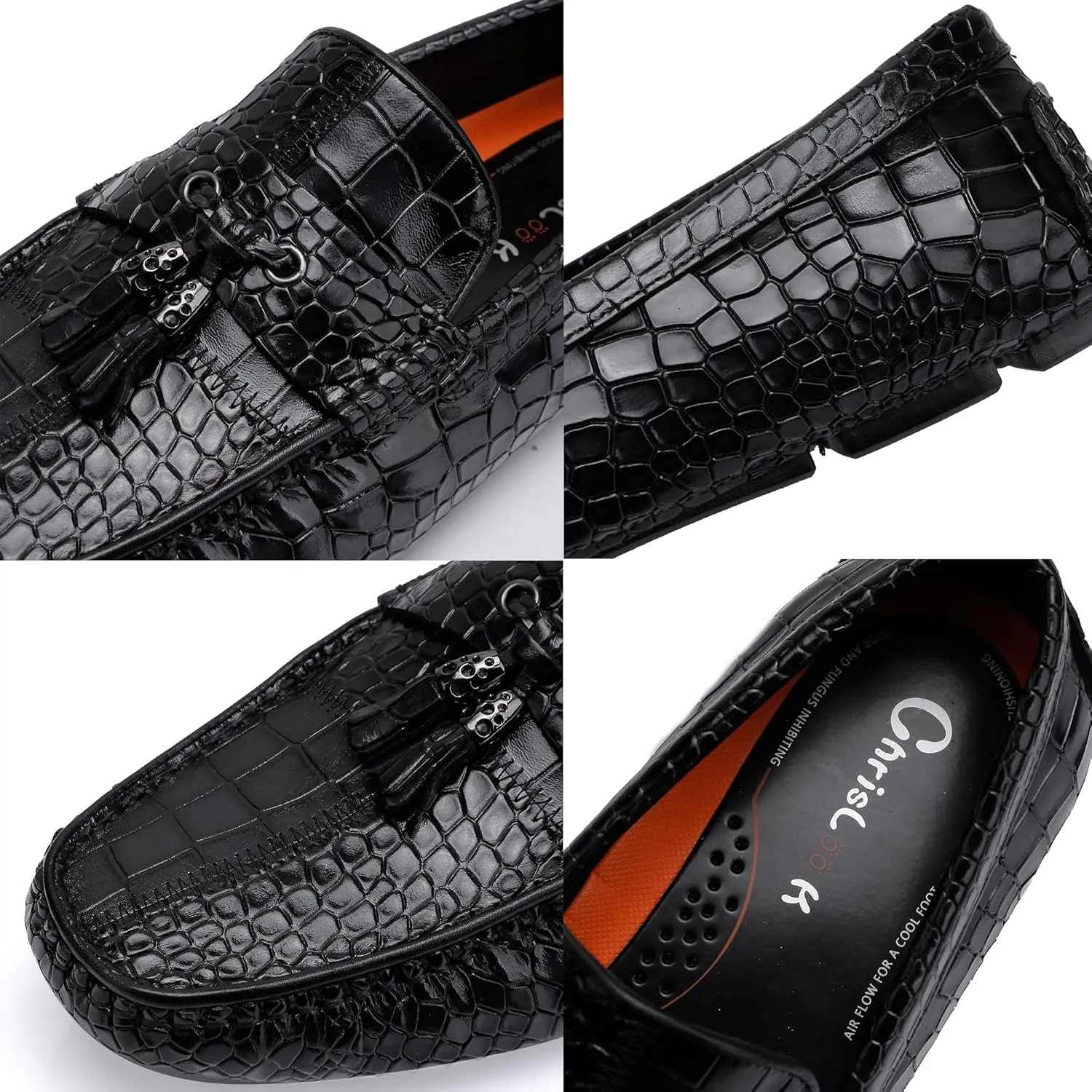 Men's Dress Shoes with Tassel, Classic Leather Crocodile Pattern Driving Shoes for Men